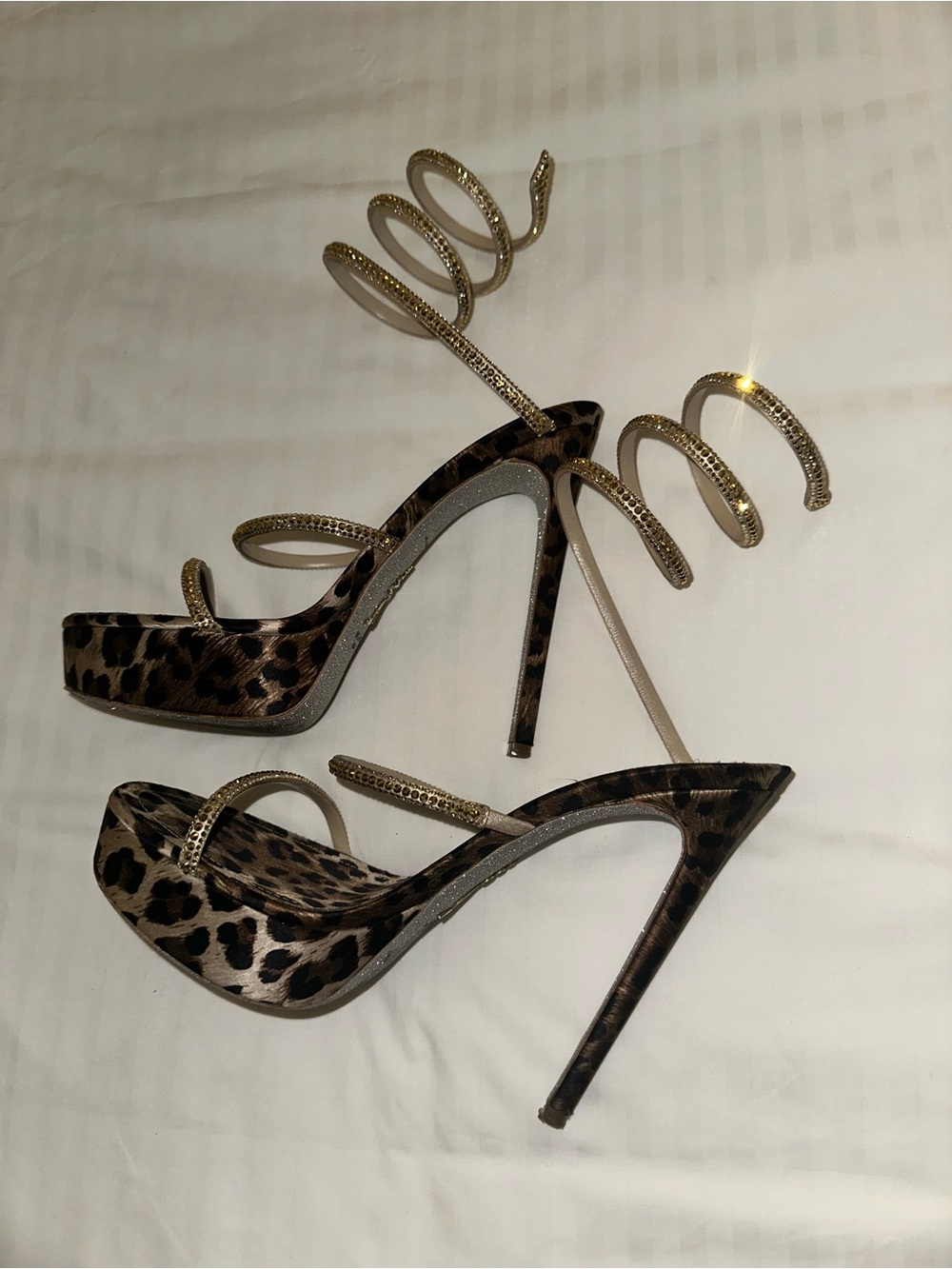 Rene Caovilla Gold Spiral-Strap Leopard Sandals - Picture 2 of 6